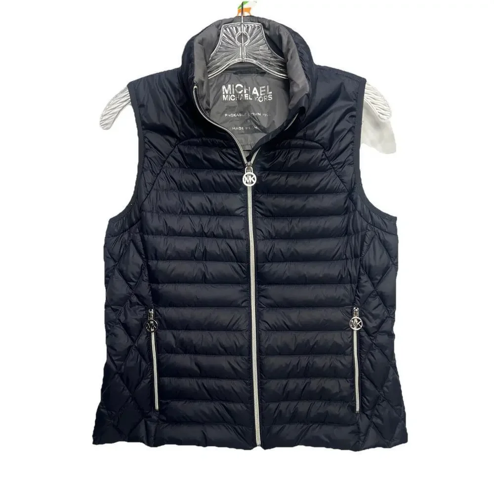 Michael Kors Packable Down Puffer Vest Blue Full Zip Goose Down Womens Sz Small